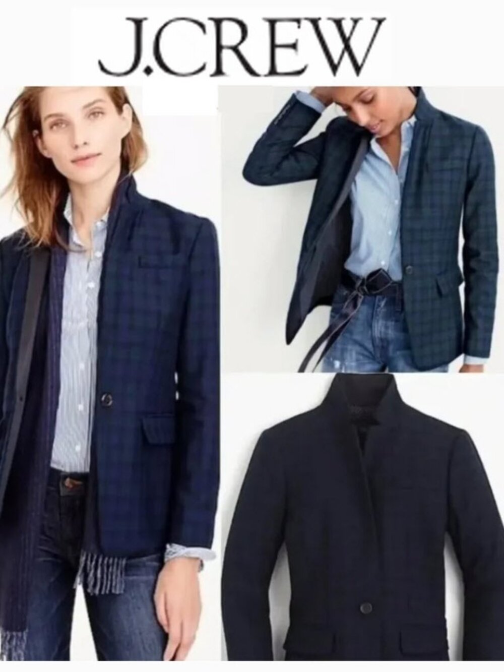 J.Crew Regent Tartan Wool Blazer Satin Trim Size 12 Navy Black